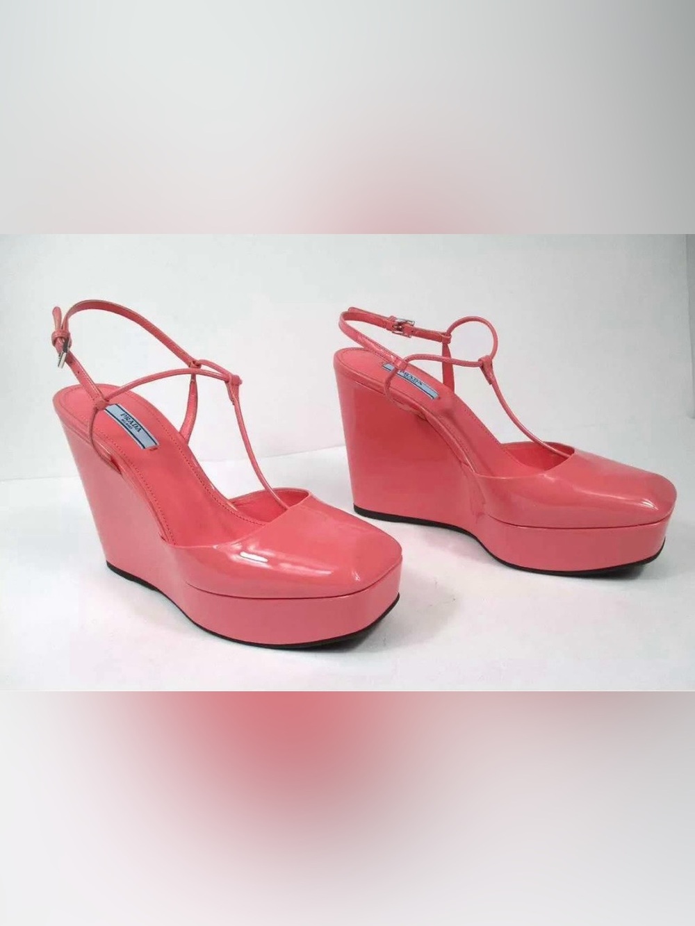 Prada Coral Pink Patent Wedge Sandals